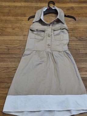 Halter Khaki and White Midi Shirt Dress